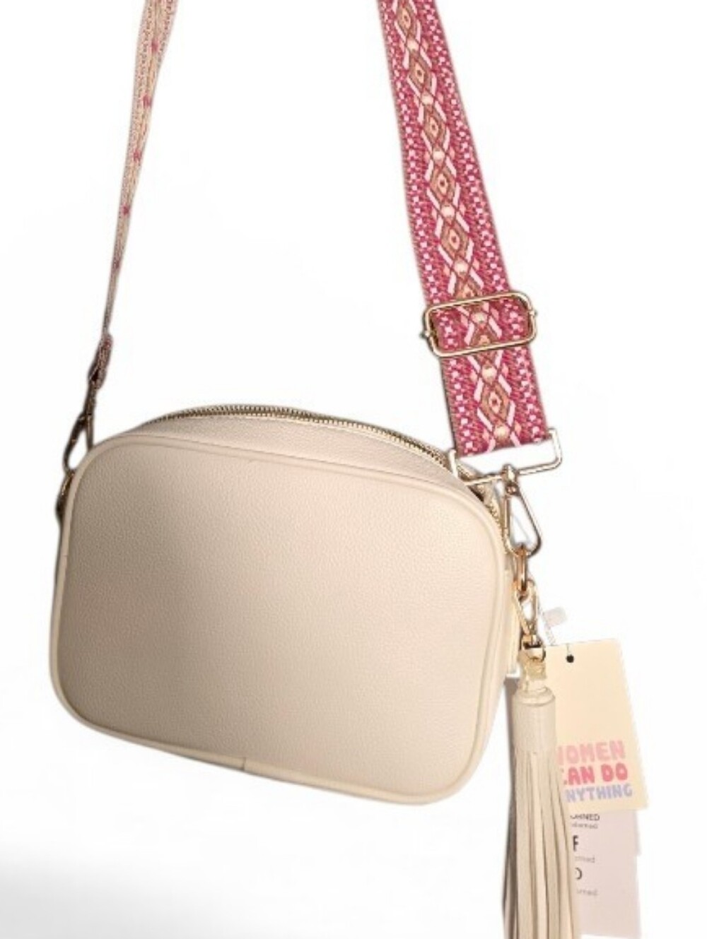 AH DORNED New York - Women’s Cream Crossbody Bag with Tassel & Patterned Strap